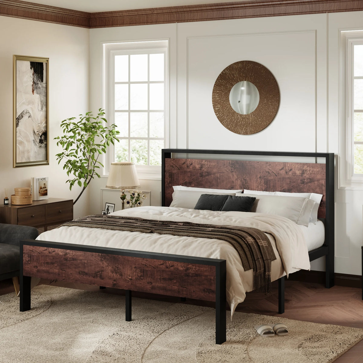 Queen Size Metal Platform Bed Frame with Wood Headboard G1779