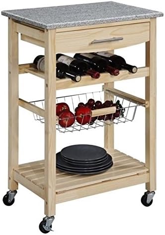 Pine Wood Granite Top Rolling Microwave Kitchen Island Cart with Storage L4163