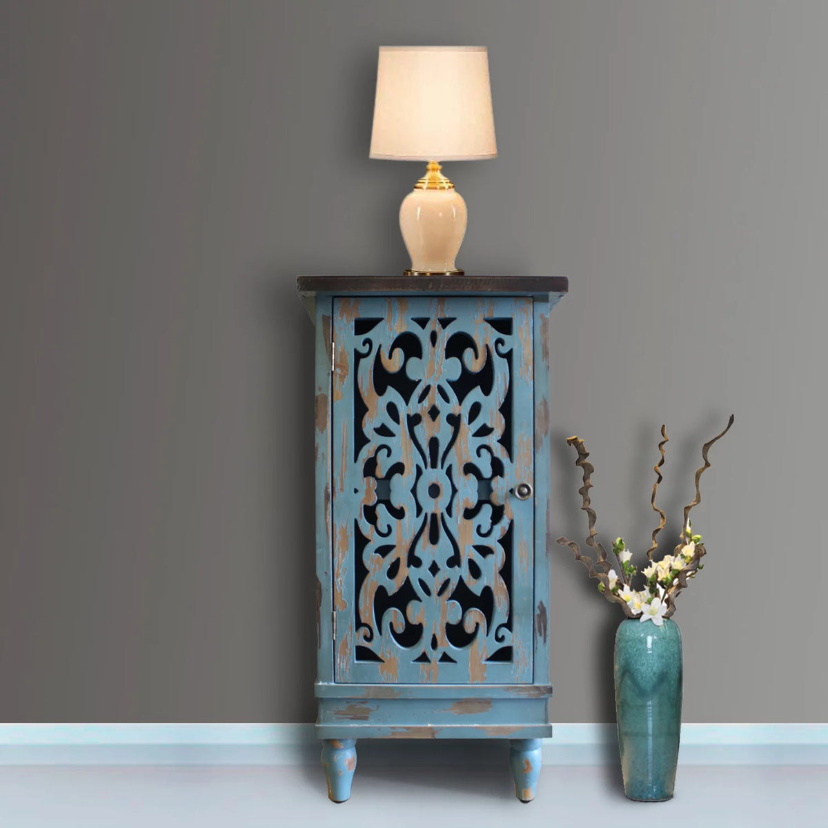 Teal Wooden End Table with Carved Legs B6438