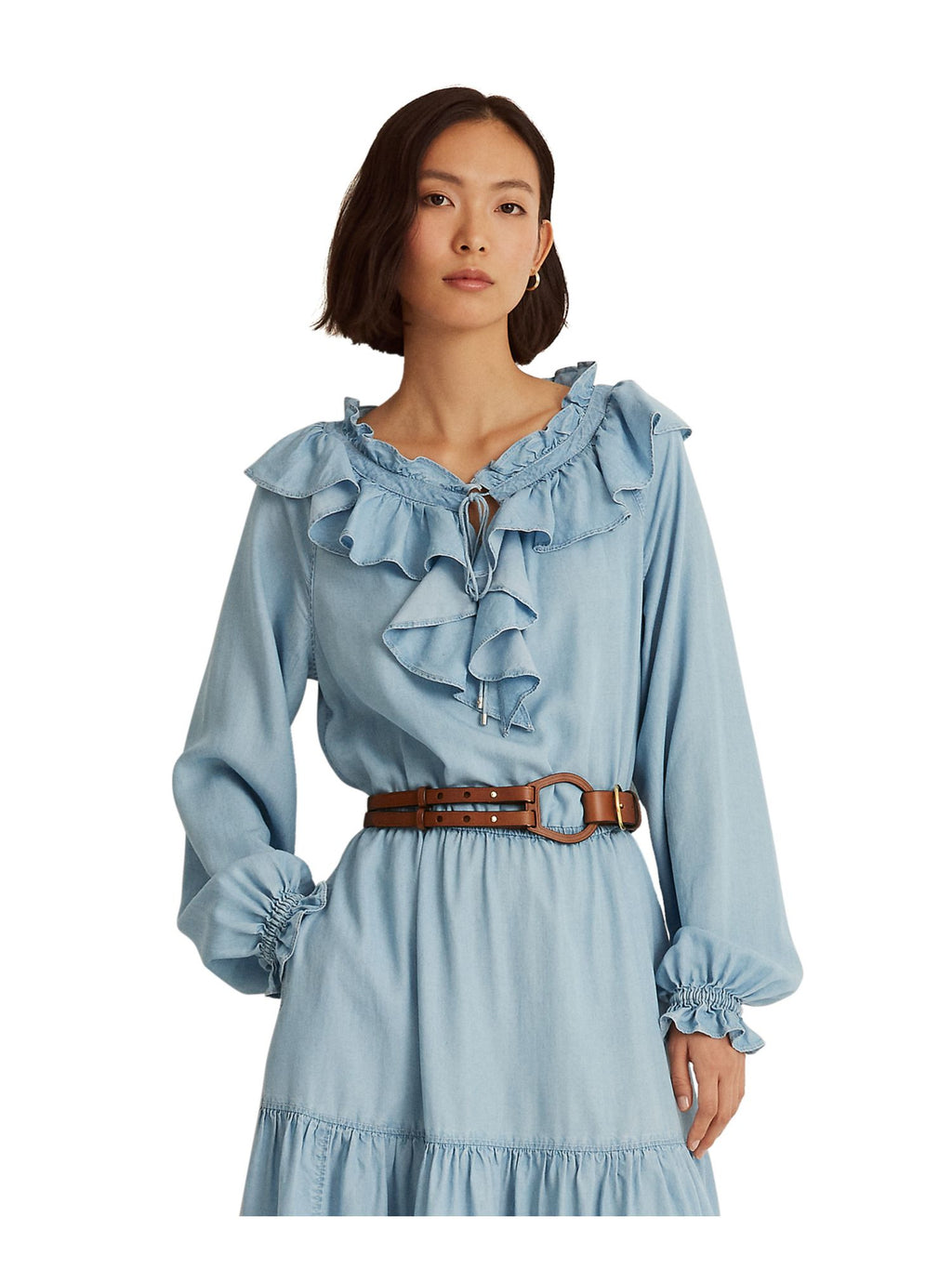 Light Blue Tie Ruffled Blouson Sleeve Dress B92202