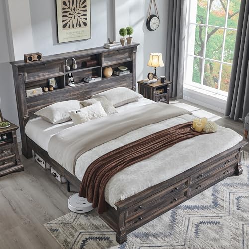 King Size Wood Platform Bed Frame with Storage Headboard and 2 Drawers Antique White P43304