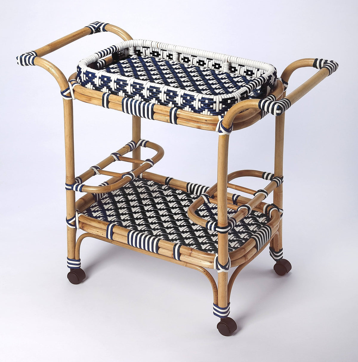 Blue & White Rattan Bar Cart U1262