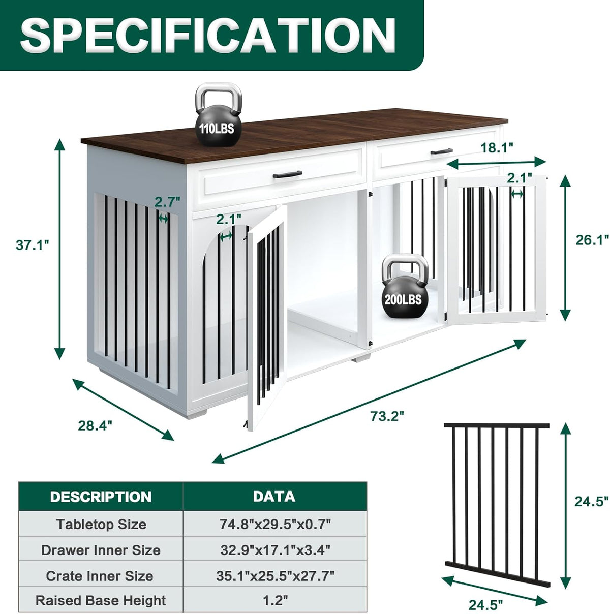 White 74.8 Inch Heavy Duty Wooden Dog Crate with 2 Drawers Q392