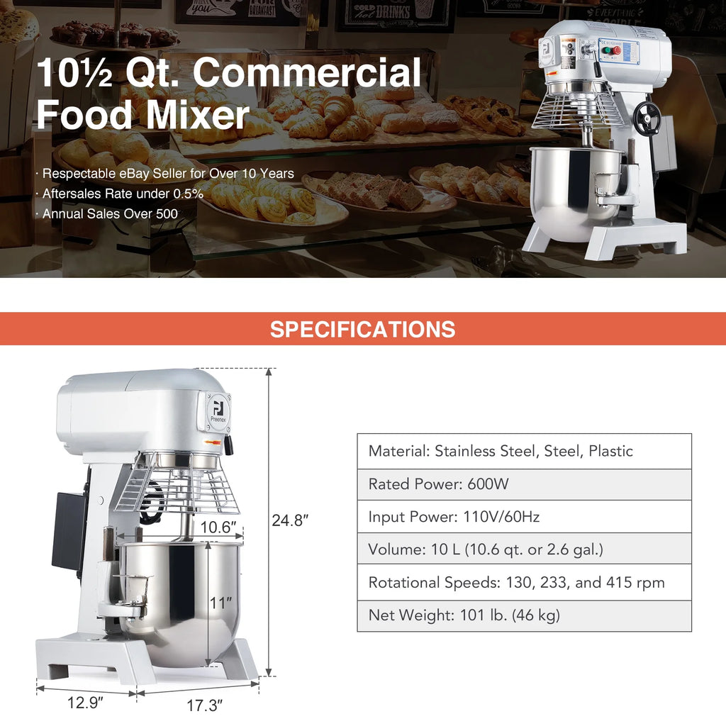 10Qt 600W Commercial Stand Mixer with 3 Attachment W156703