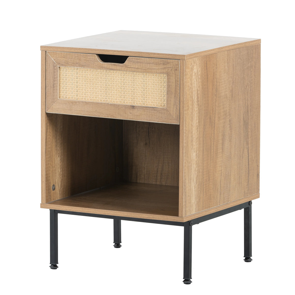 Natural Nightstand with Rattan Door and Open Storage S510