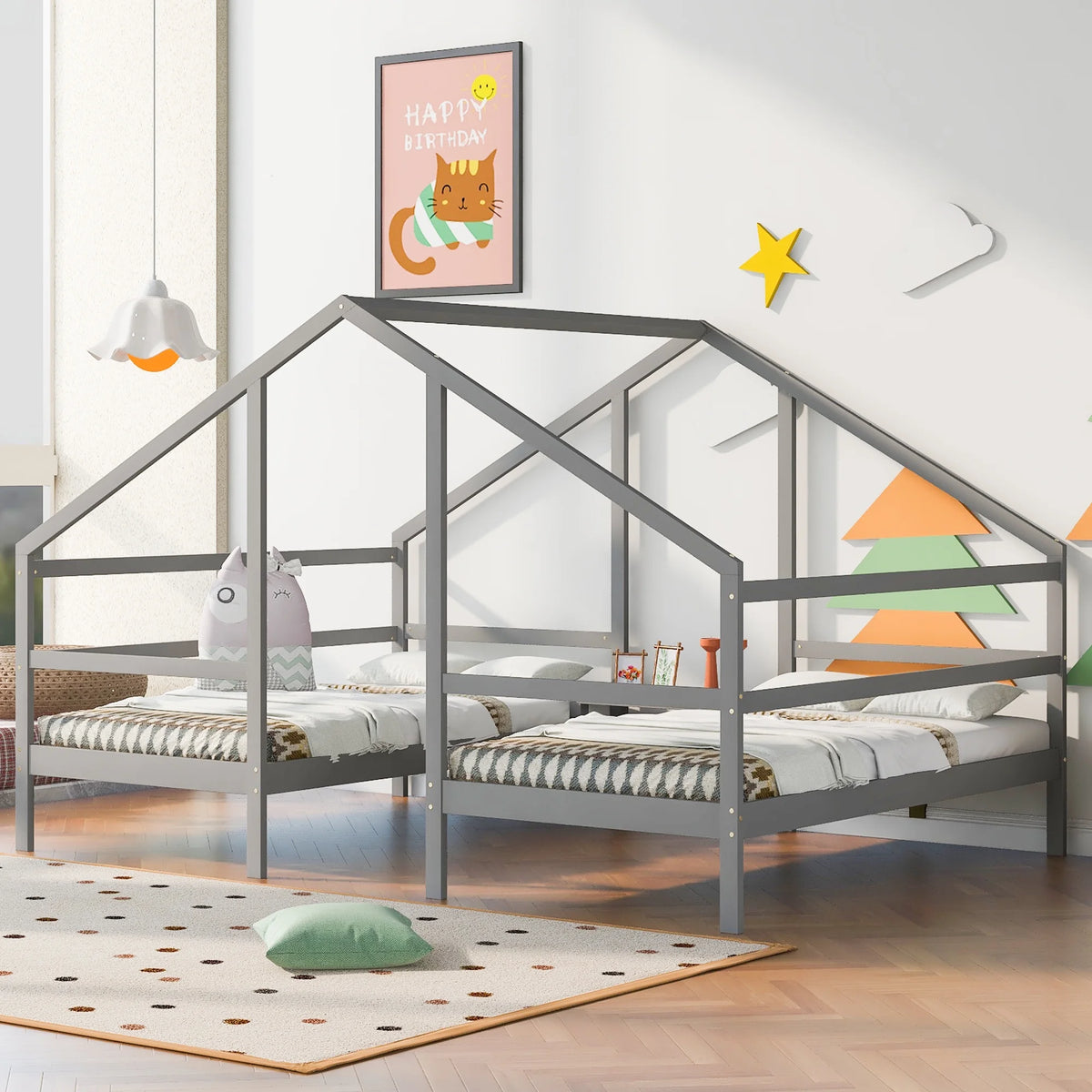 Twin Size Triangular House Beds with Built-in Table Gray K83513