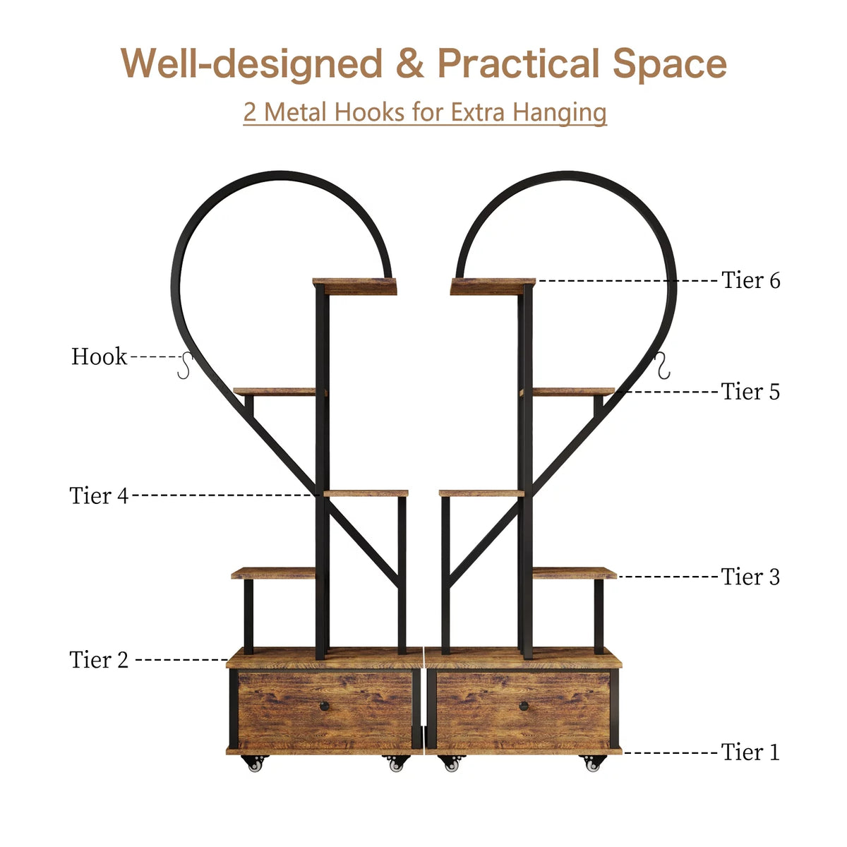 6 Tier Metal Plant Stand with Drawer and Roller, 2pcs Y4580