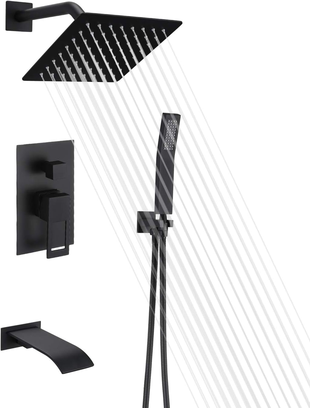 Matte Black Shower Faucet Set with Tub Spout and Handheld Shower Head W38495