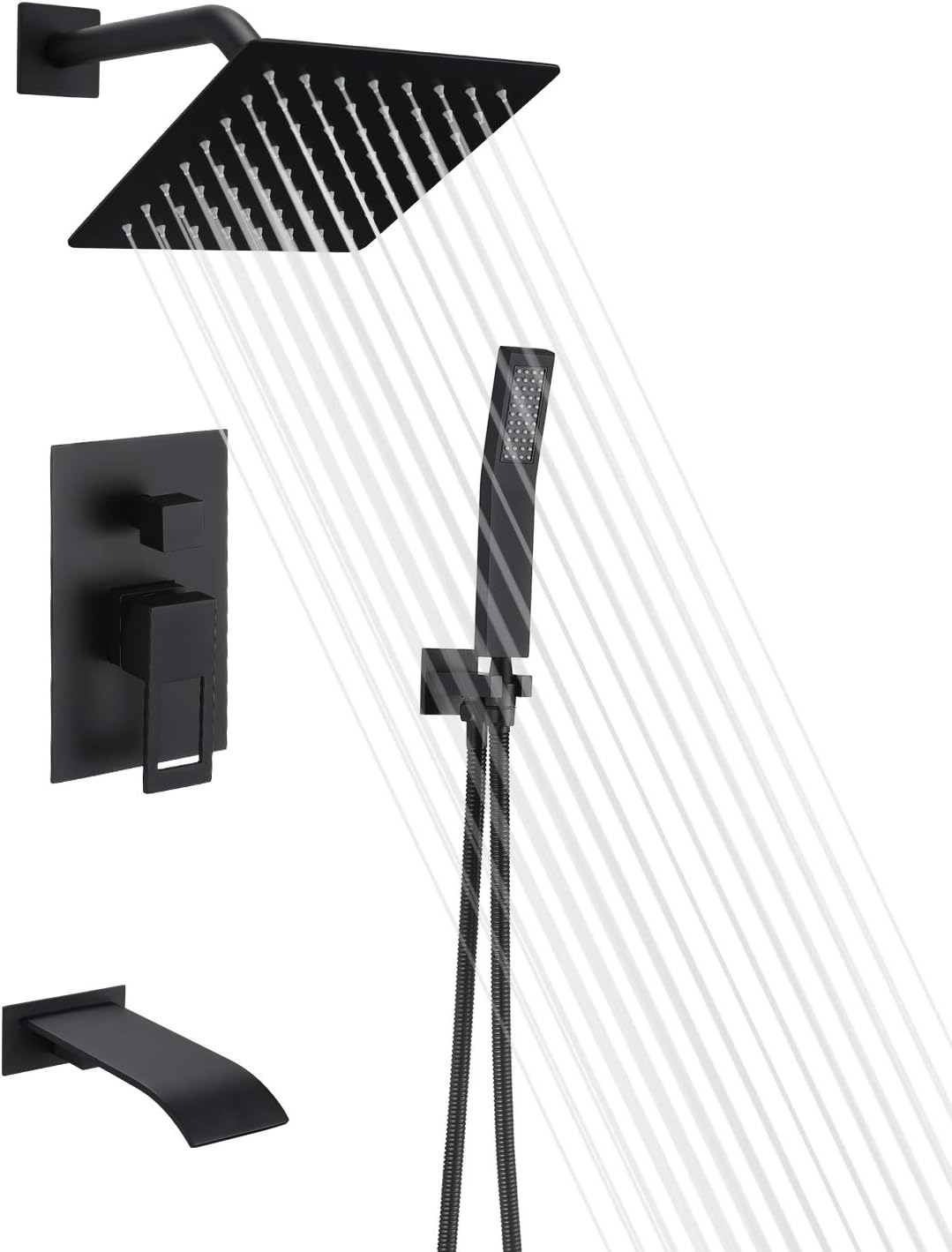 Matte Black Shower Faucet Set with Tub Spout and Handheld Shower Head W38495