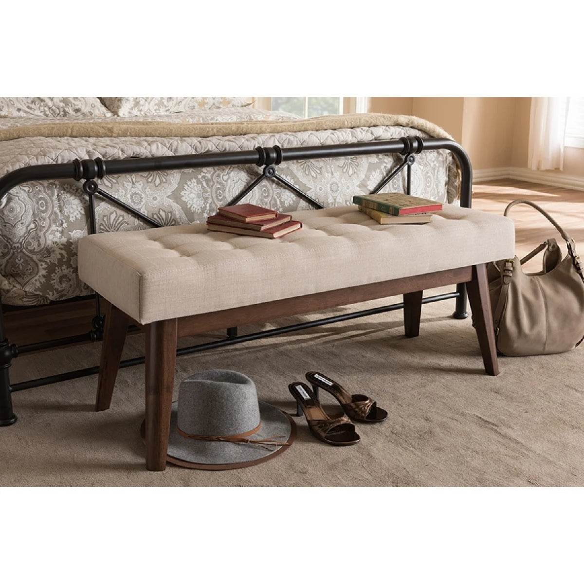 Walnut Wood Light Beige Fabric Bench I61984