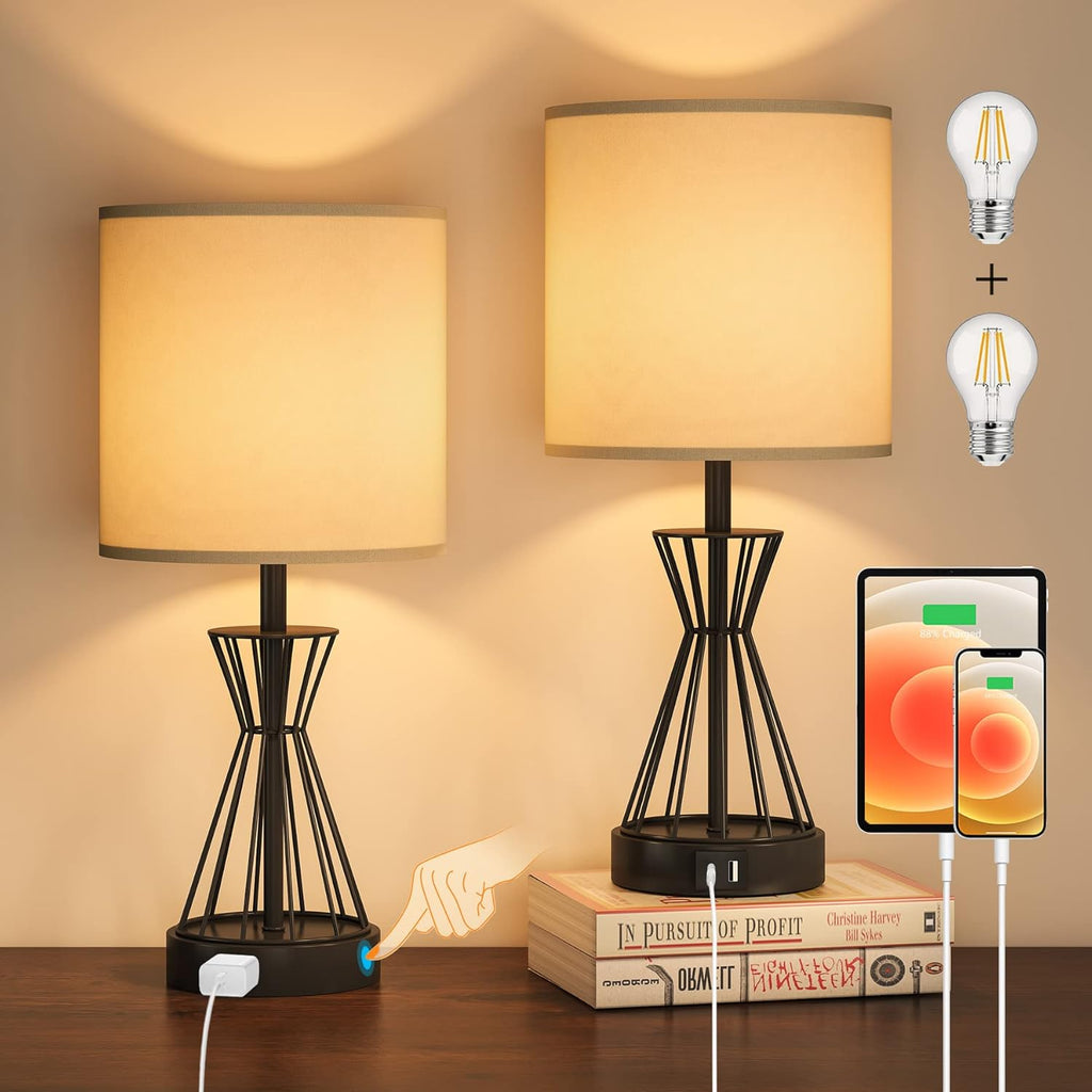 Black Cage Table Lamp Set of 2 with USB Ports and Outlets, 3-Way Dimmable, Bulbs Included O742144