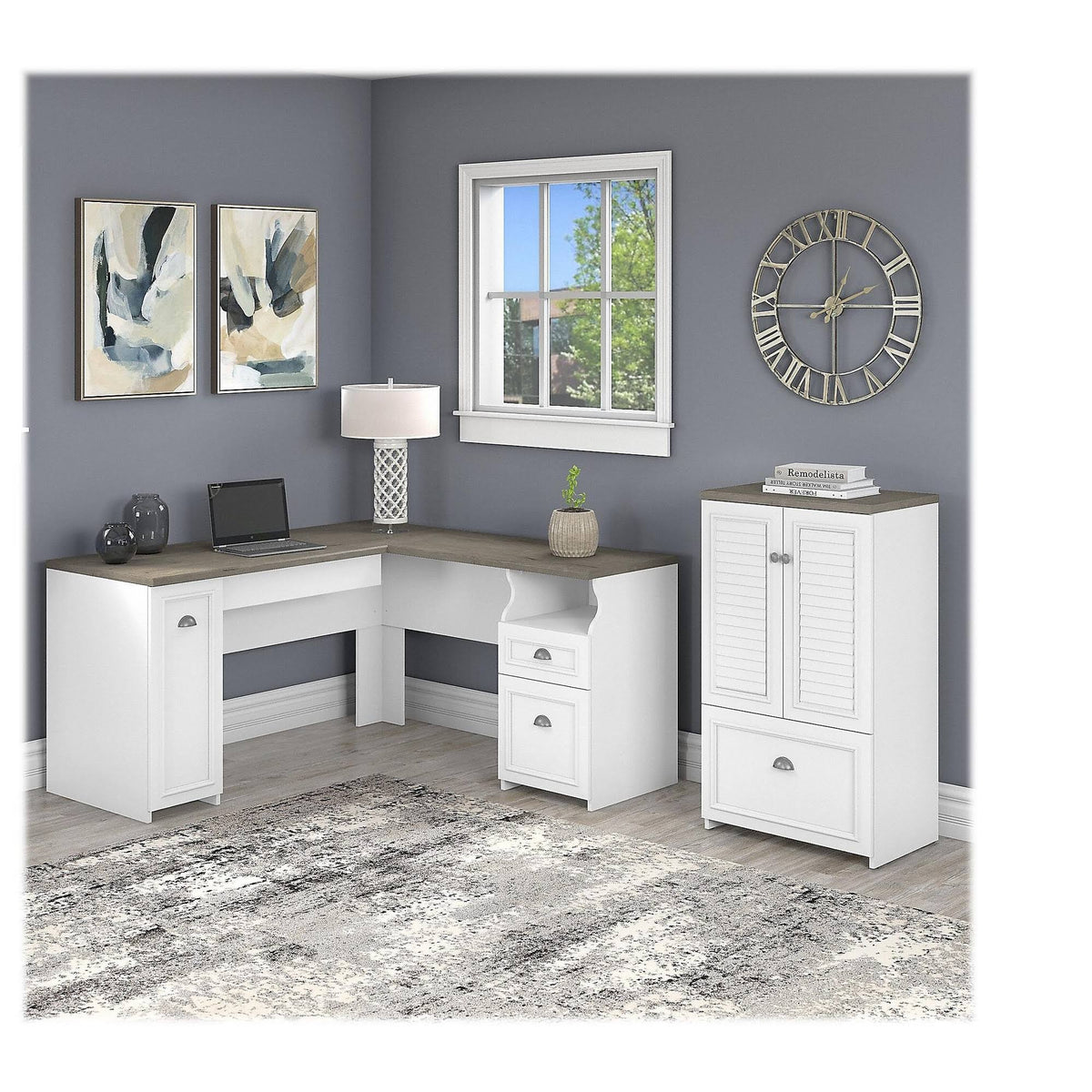 Gray L Shaped Desk with Storage Cabinet and File Drawer D376596