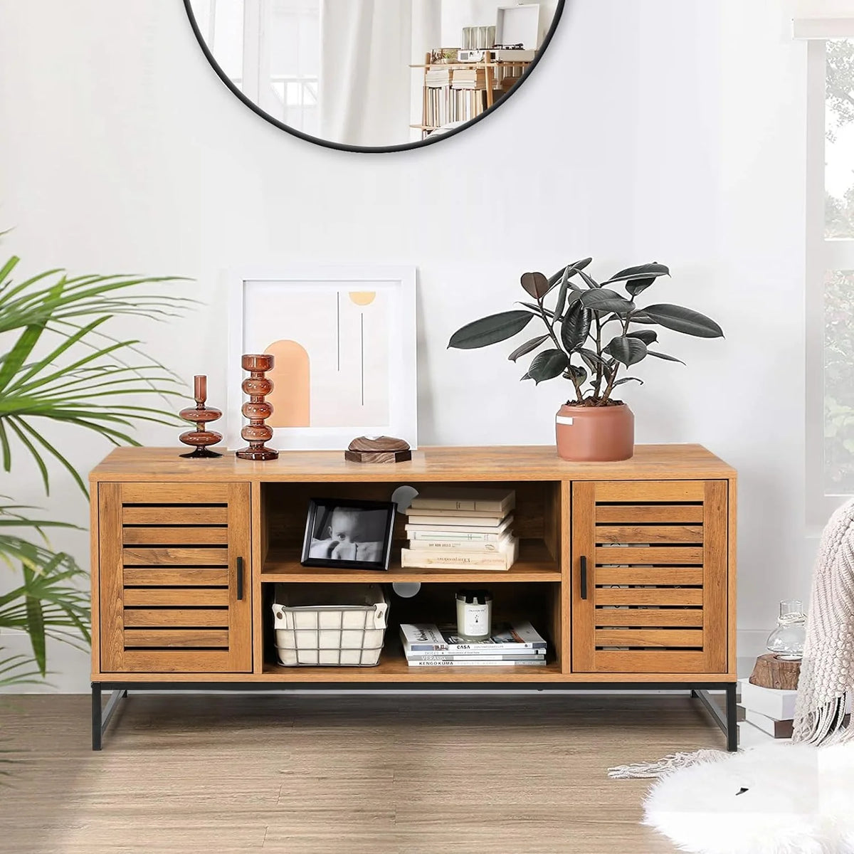 Mid-Century TV Console up to 55 Inch with Slatted Wood Doors N633693
