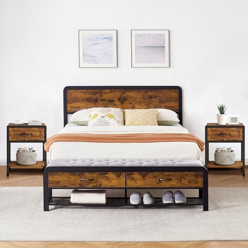 Queen Size Bed Frame with Headboard and Storage Drawers Bench, Nightstand with Storage Drawer N376