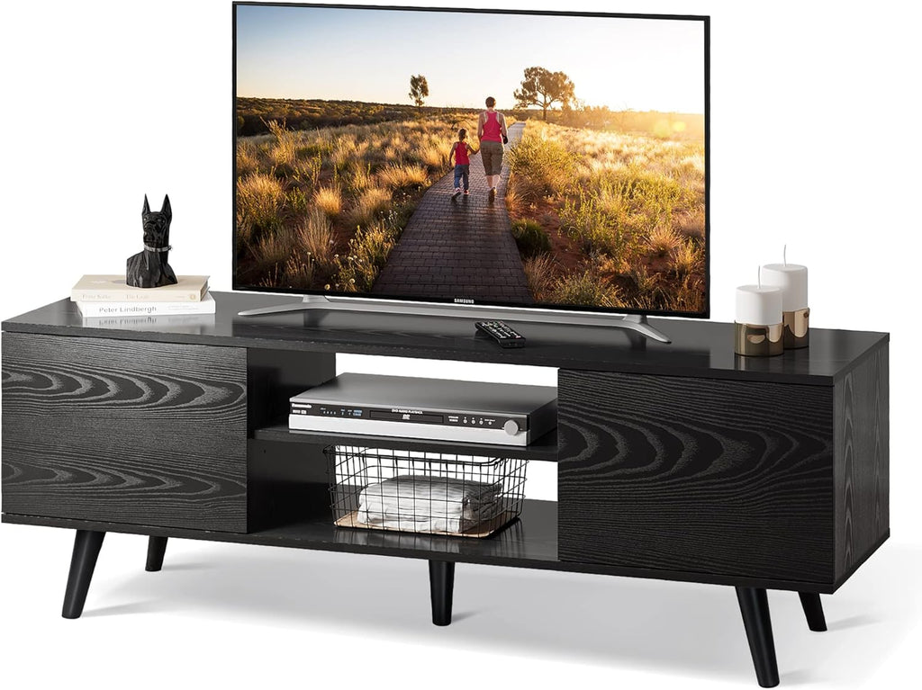Black TV Stand with Storage Cabinet and Open Shelves V23420