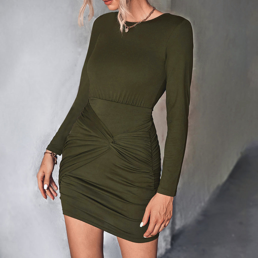 Solid Color Crew Neck Midi Dress F395738