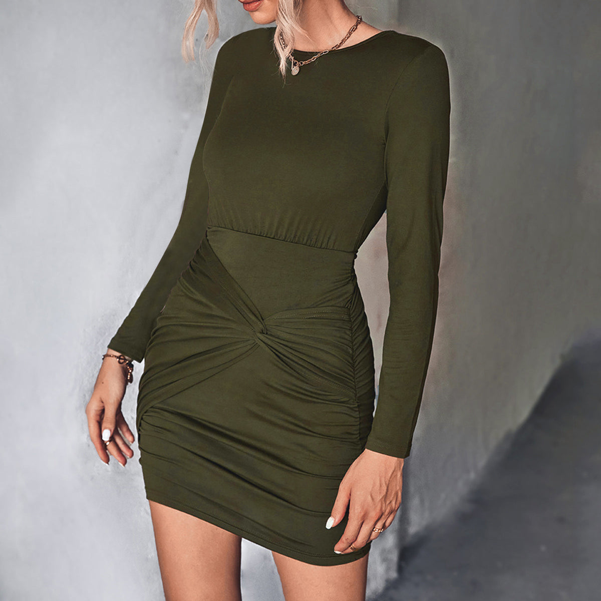 Solid Color Crew Neck Midi Dress F395738