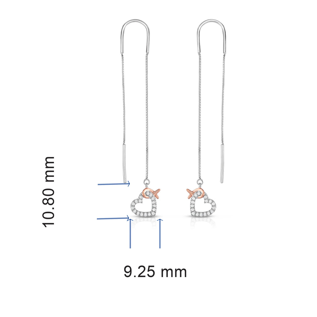 1/5 Cttw Diamond Pink Ribbon and Heart Dangle Threader Earrings in Rhodium Plated Sterling Silver W5131