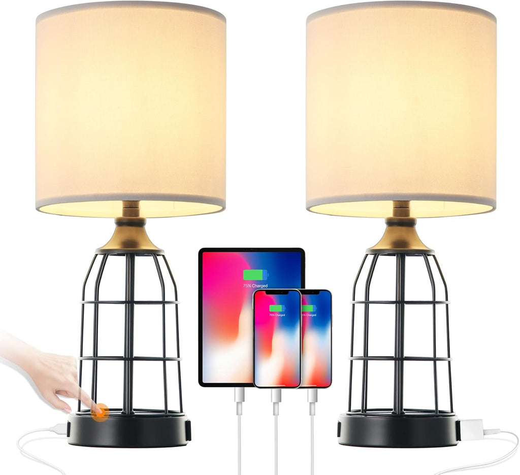 Black Cage Table Lamp Set of 2 with USB Ports and Outlets, 3-Way Dimmable, Bulbs Included O742144