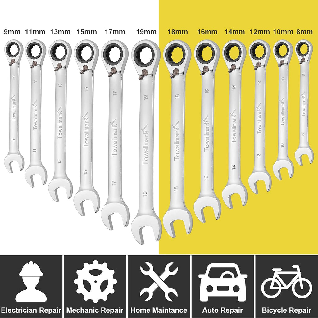 12-Piece Reversible Ratchet Combination Wrench Set, Metric, 8mm-19mm Chrome Vanadium Steel H24559