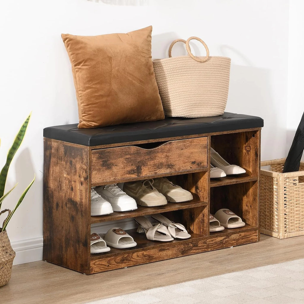Rustic Brown Shoe Bench with Drawer and Cushion T9647