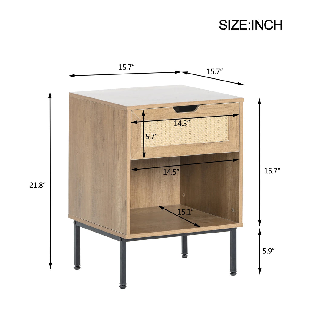 Natural Nightstand with Rattan Door and Open Storage S510