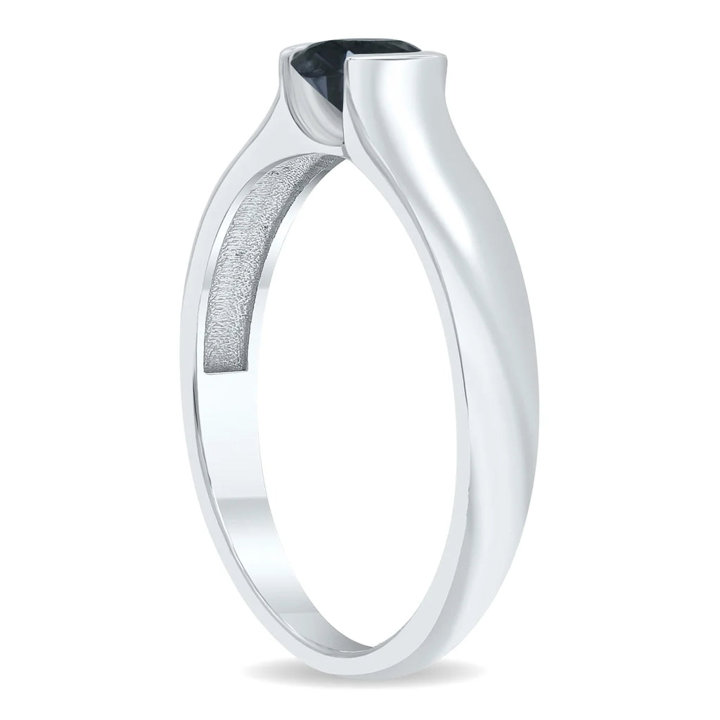 10K White Gold Half Bezel Black Diamond Solitaire Ring Z925