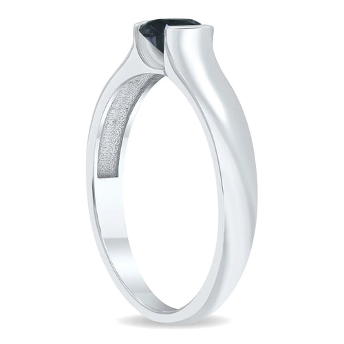 10K White Gold Half Bezel Black Diamond Solitaire Ring Z925