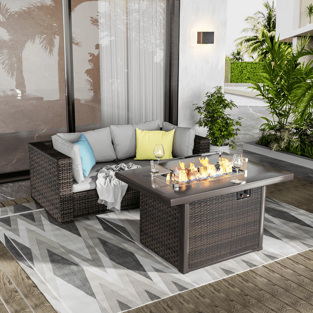 11 PCS Black Wicker Patio Furniture Set with Fire Pit Table J21040