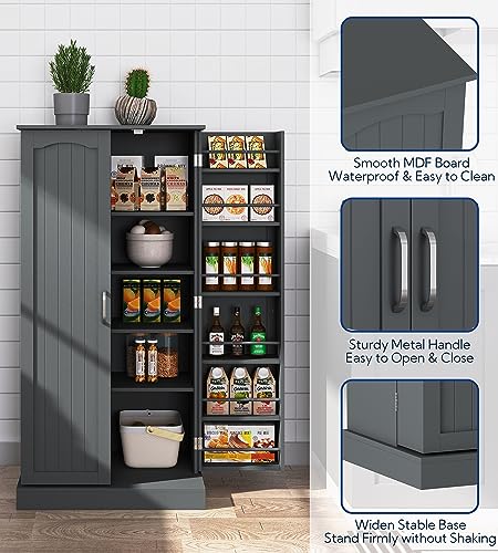 White 4 Door Tall Kitchen Pantry Cabinet with Drawer and Adjustable Shelf M497133