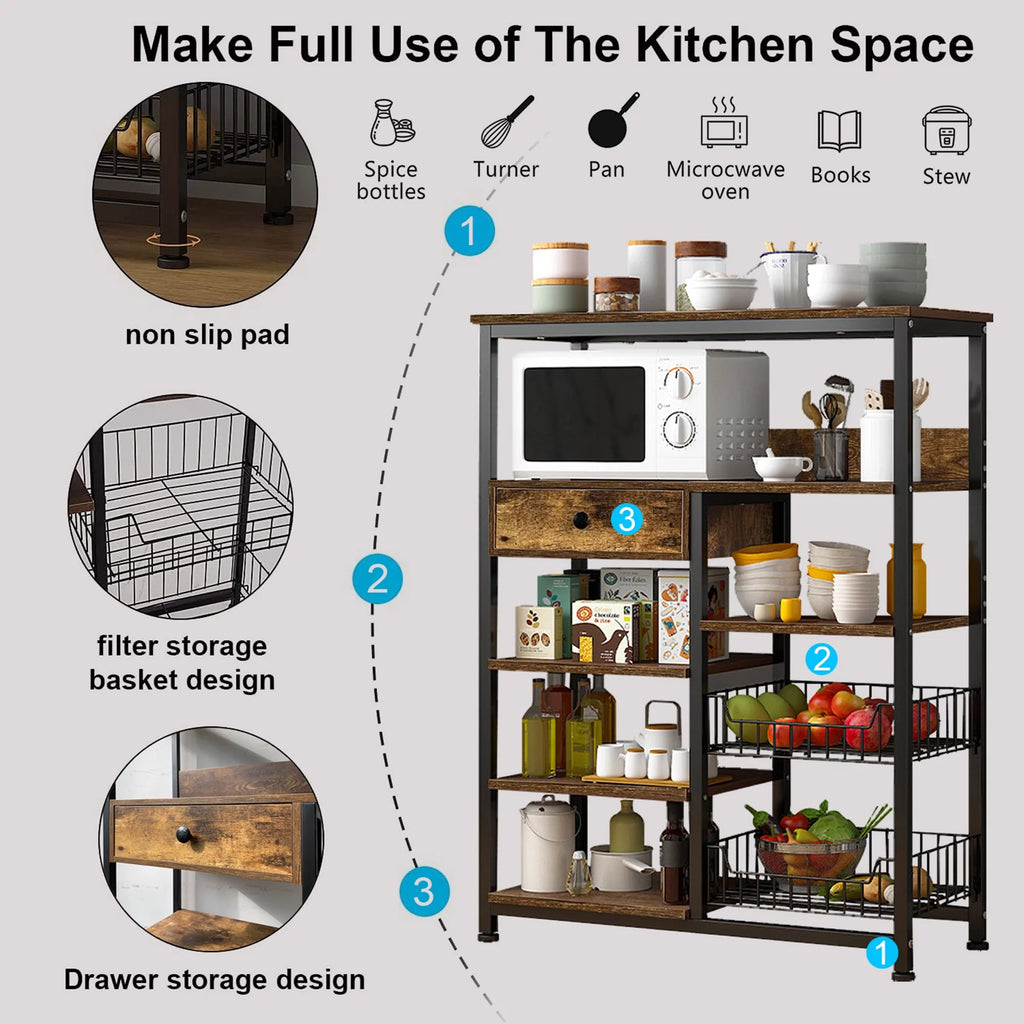 5-Tier Kitchen Bakers Rack with Storage E1526