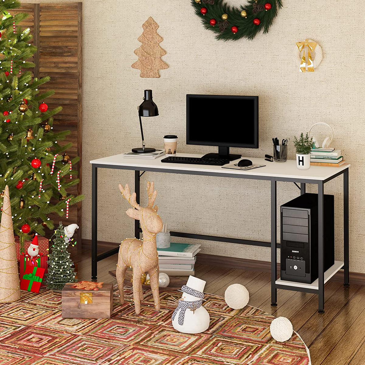 Small Home Office Computer Desk with Wooden Storage Shelf B326