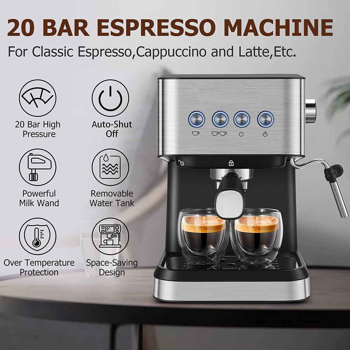 20 Bar Semi-Automatic Espresso Machine with Milk Frother Steam Wand, 50oz Removable Water Tank J86275