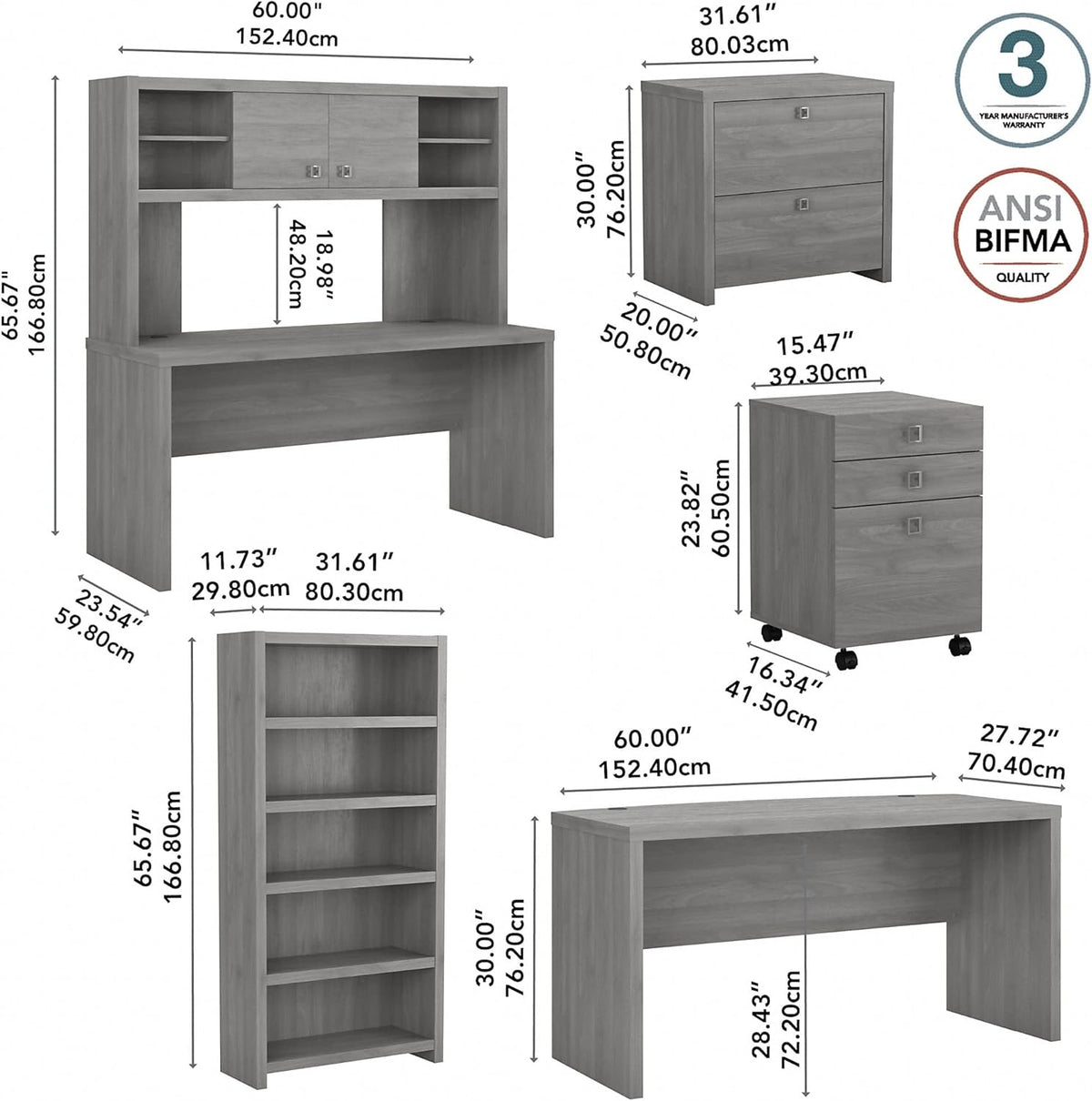 Modern Gray Bow Front Desk with Credenza, Hutch, Bookcase and File Cabinets U196