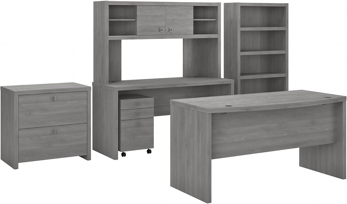 Modern Gray Bow Front Desk with Credenza, Hutch, Bookcase and File Cabinets U196