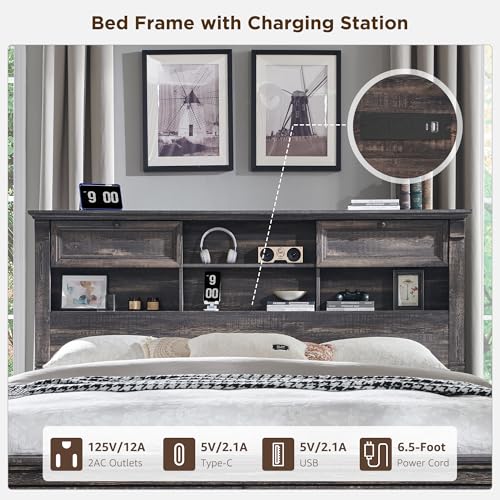 King Size Wood Platform Bed Frame with Storage Headboard and 2 Drawers Antique White P43304
