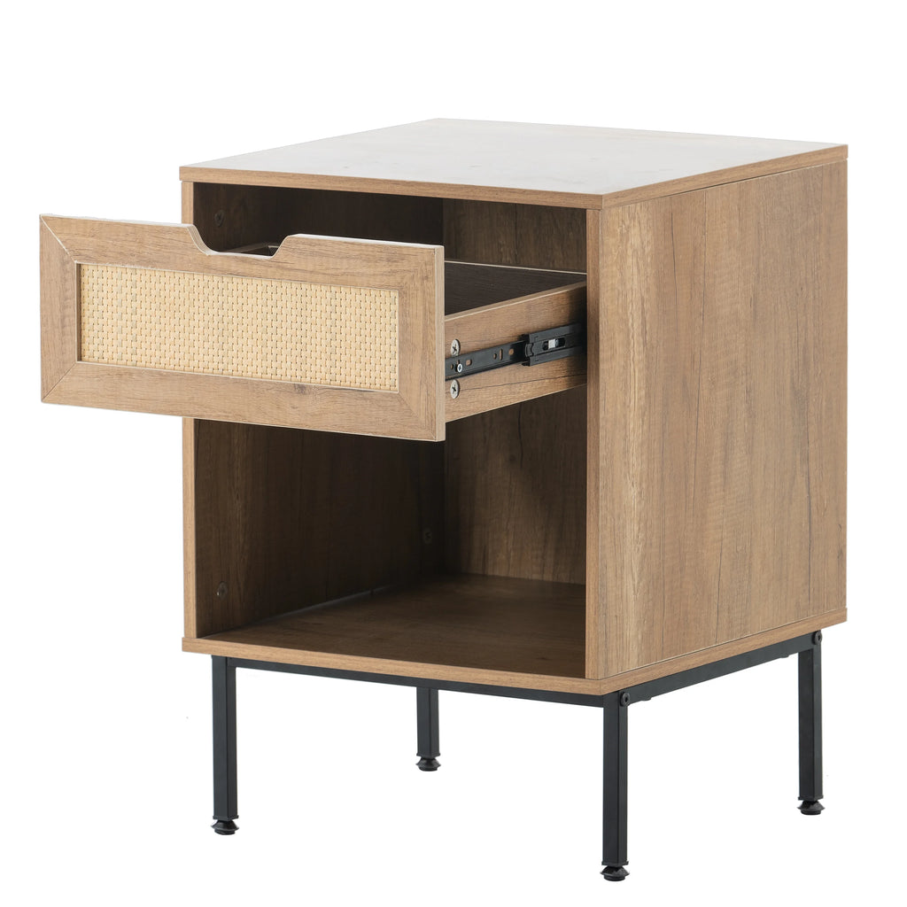 Natural Nightstand with Rattan Door and Open Storage S510