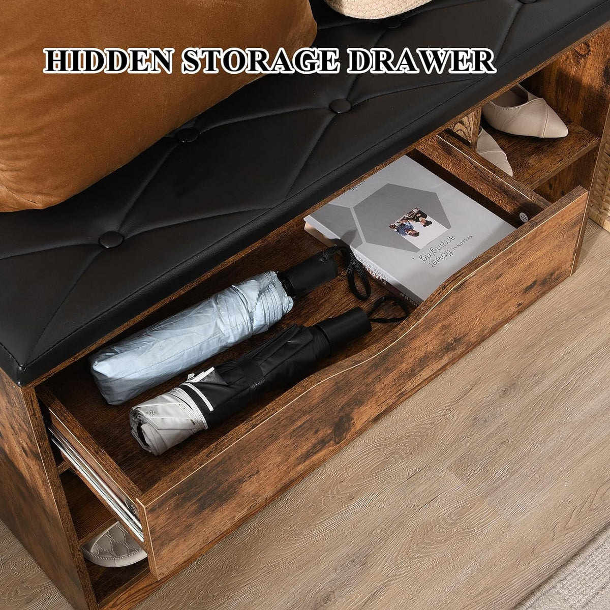 Rustic Brown Shoe Bench with Drawer and Cushion T9647