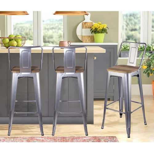 30 Inch Silver Metal Bar Stools with Light Wood Seat, Set of 6 Q454041