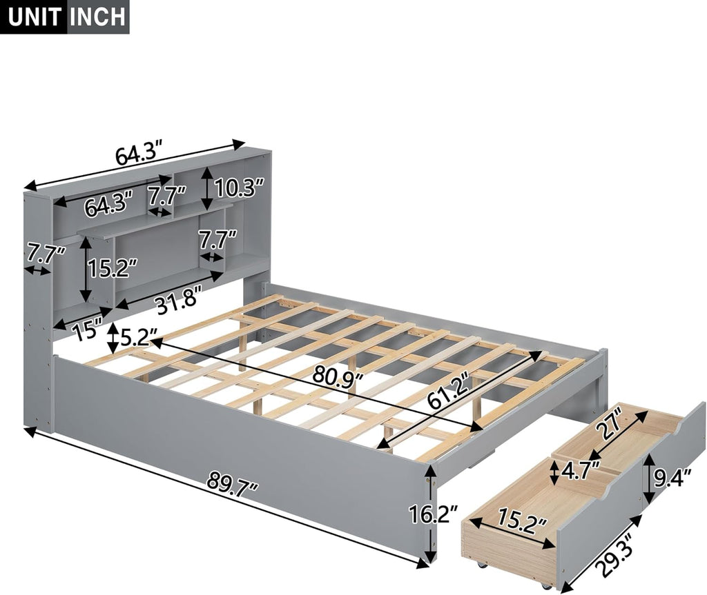 Gray Queen Size Wooden Platform Bedframe with Bookcase Headboard and 2 Storage Drawers K341
