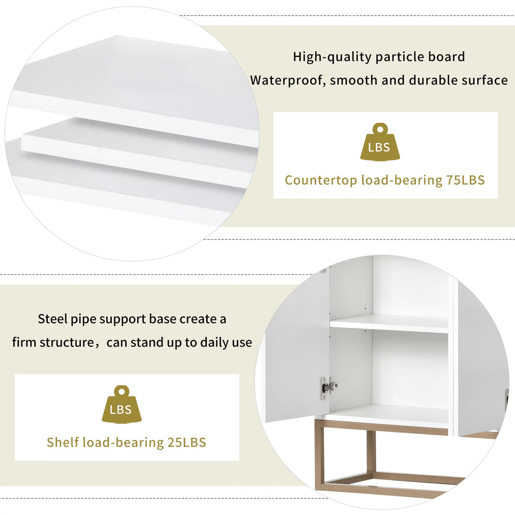 White Wooden Storage Cabinet with Metal Legs and Adjustable Shelves C345