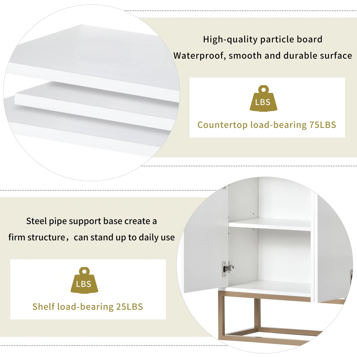 White Wooden Storage Cabinet with Metal Legs and Adjustable Shelves C345