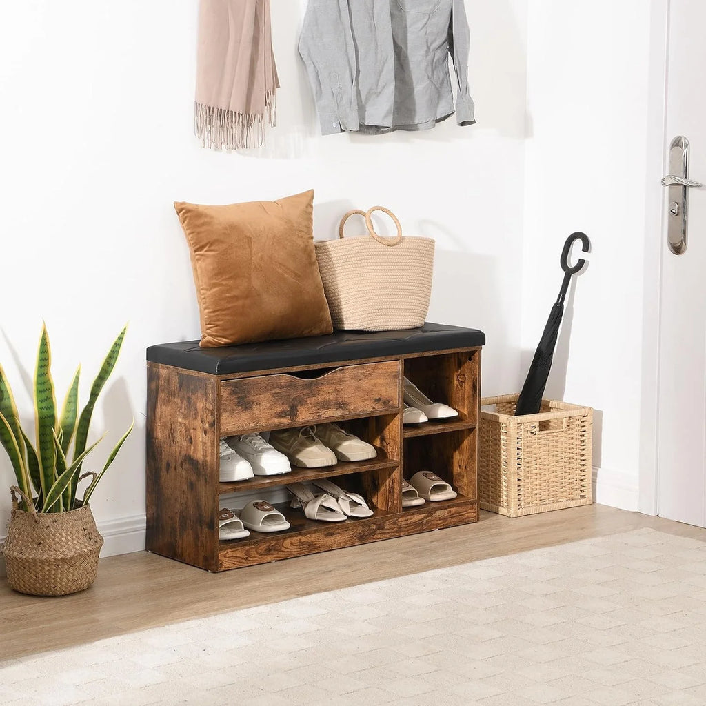 Rustic Brown Shoe Bench with Drawer and Cushion T9647