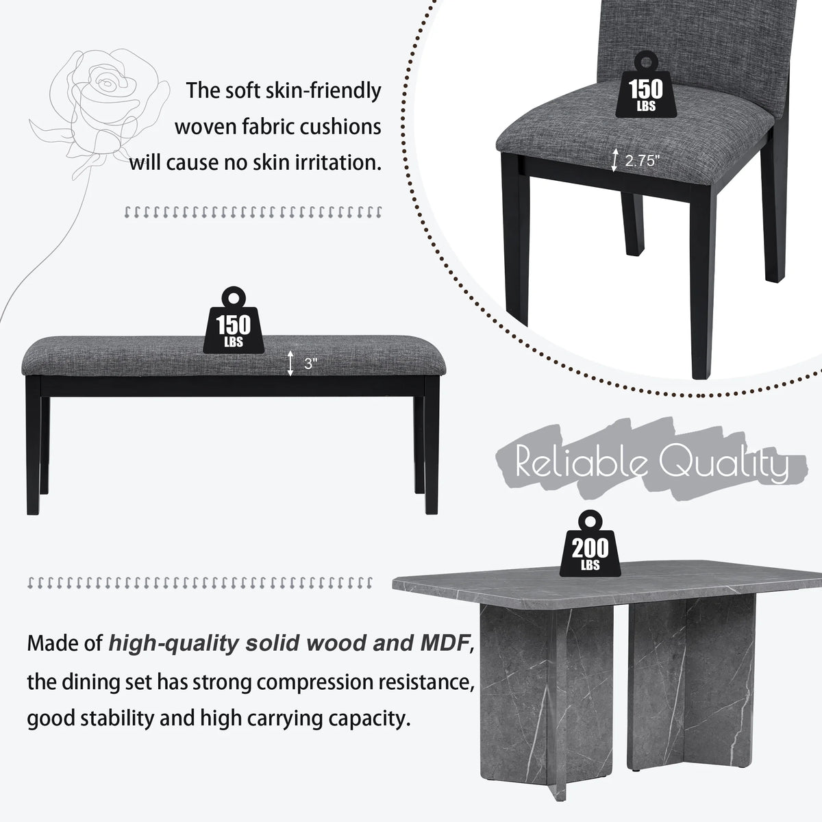 6-Piece Faux Marble Dining Set with 4 Chairs and 1 Bench W983