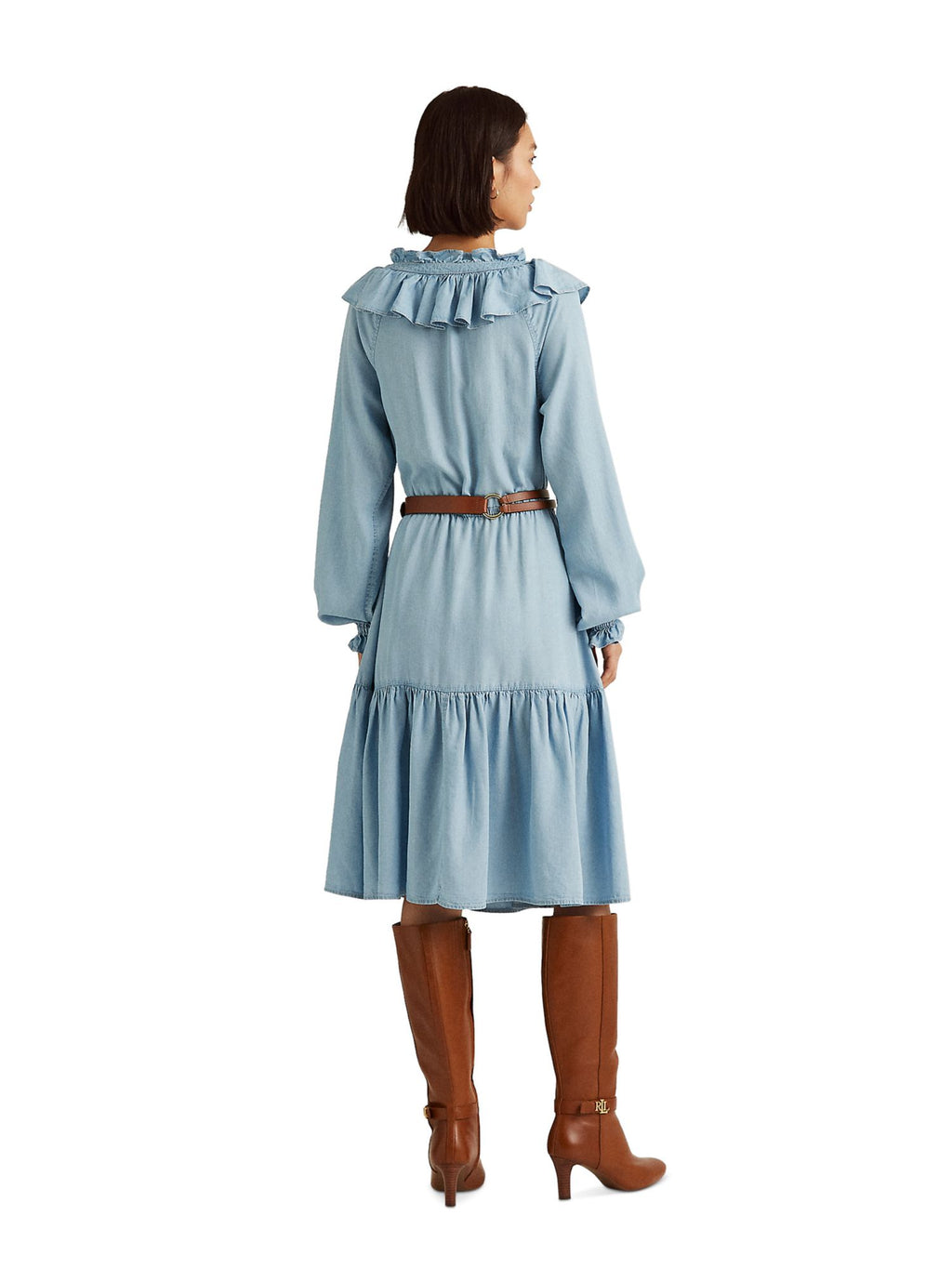 Light Blue Tie Ruffled Blouson Sleeve Dress B92202