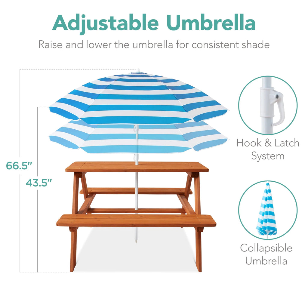 Kids Wooden Picnic Table with Adjustable Umbrella and Built-In Seats E4429