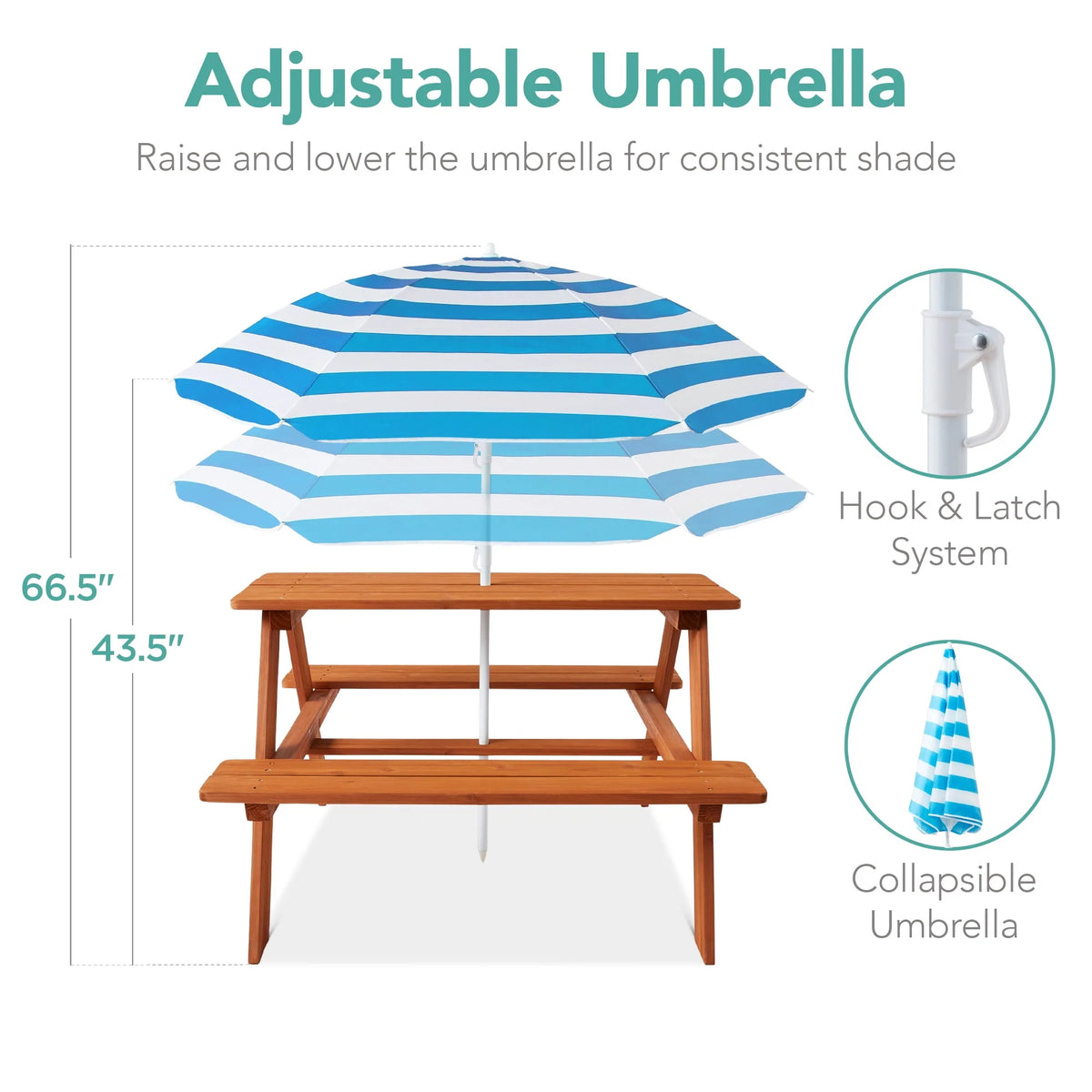 Kids Wooden Picnic Table with Adjustable Umbrella and Built-In Seats E4429