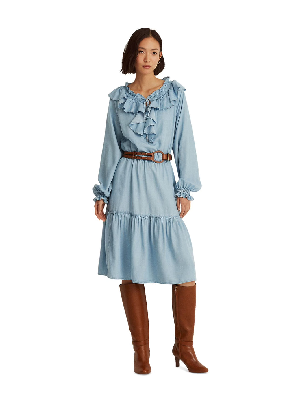 Light Blue Tie Ruffled Blouson Sleeve Dress B92202