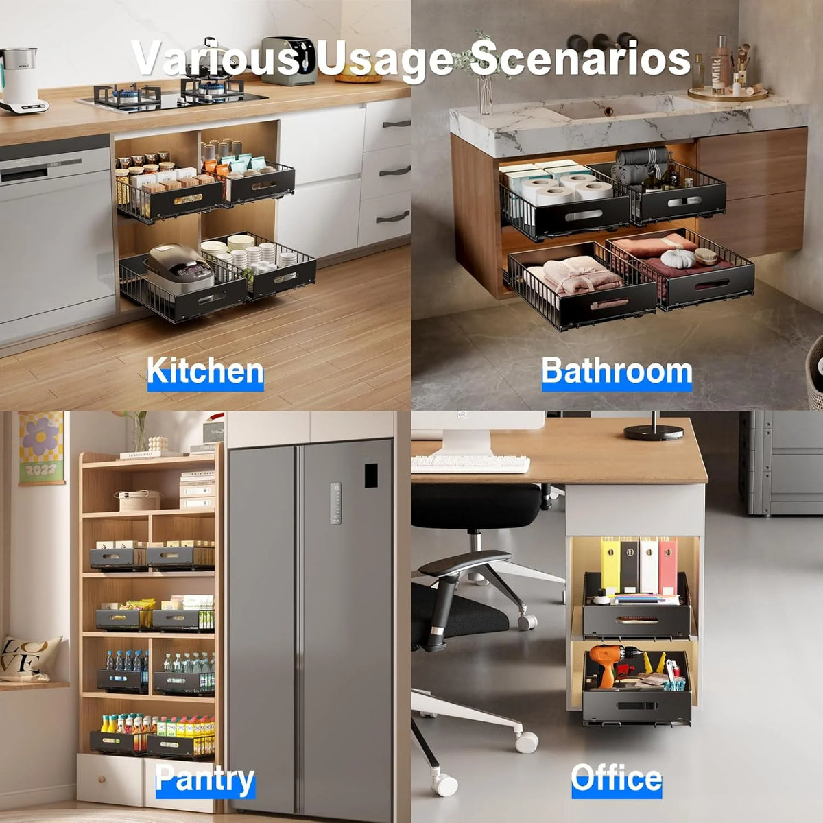 2 Pack Black 21.8 Deep Pull Out Cabinet Organizer with 8 Dividers S246