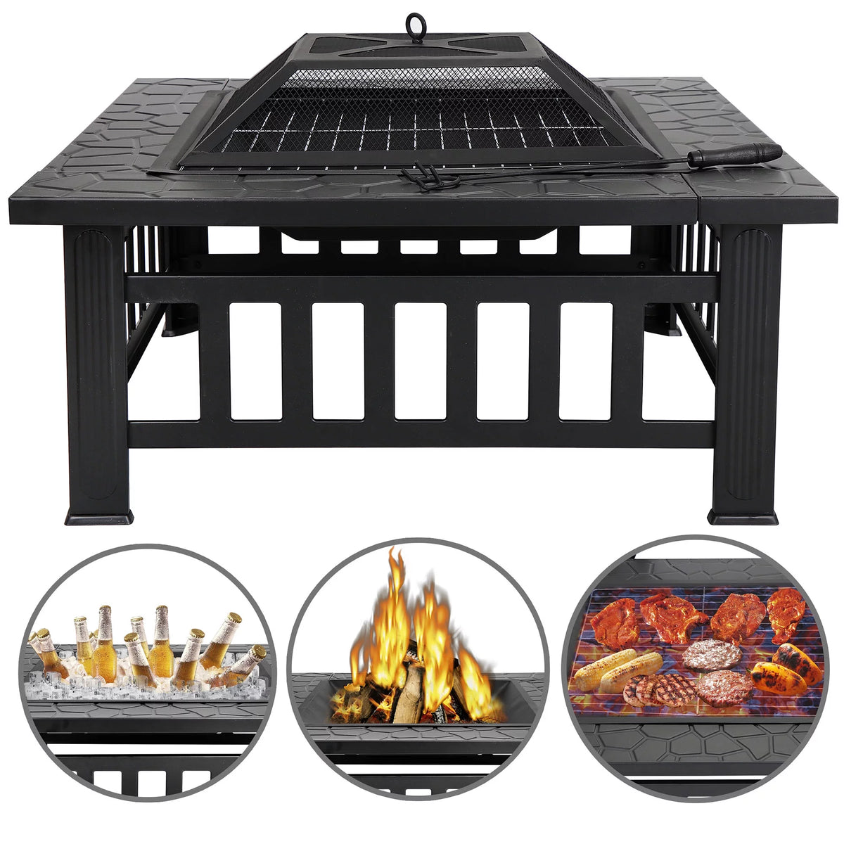 32 Square Wood Black Finish Steel Fire Pit G683431